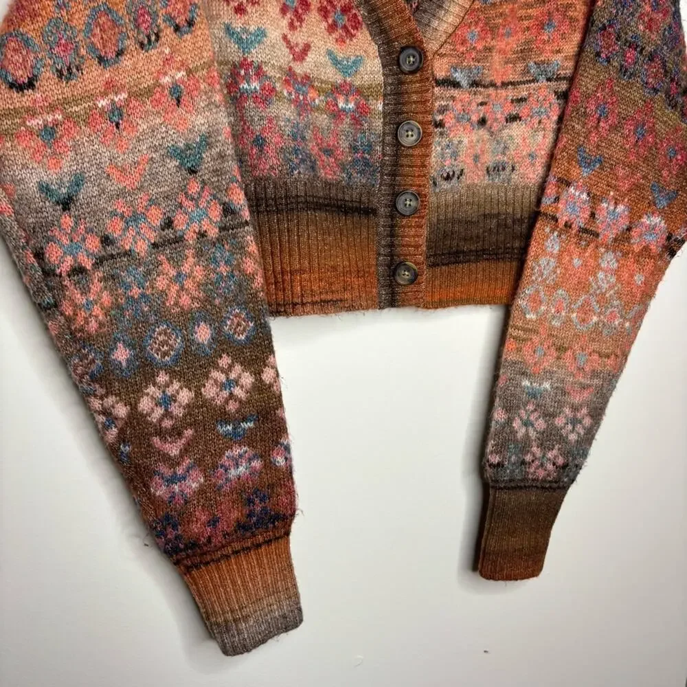 Cleo + Wolf Multicolor cropped fuzzy Knit Cardigan Sweater women’s size large - Picture 5 of 8